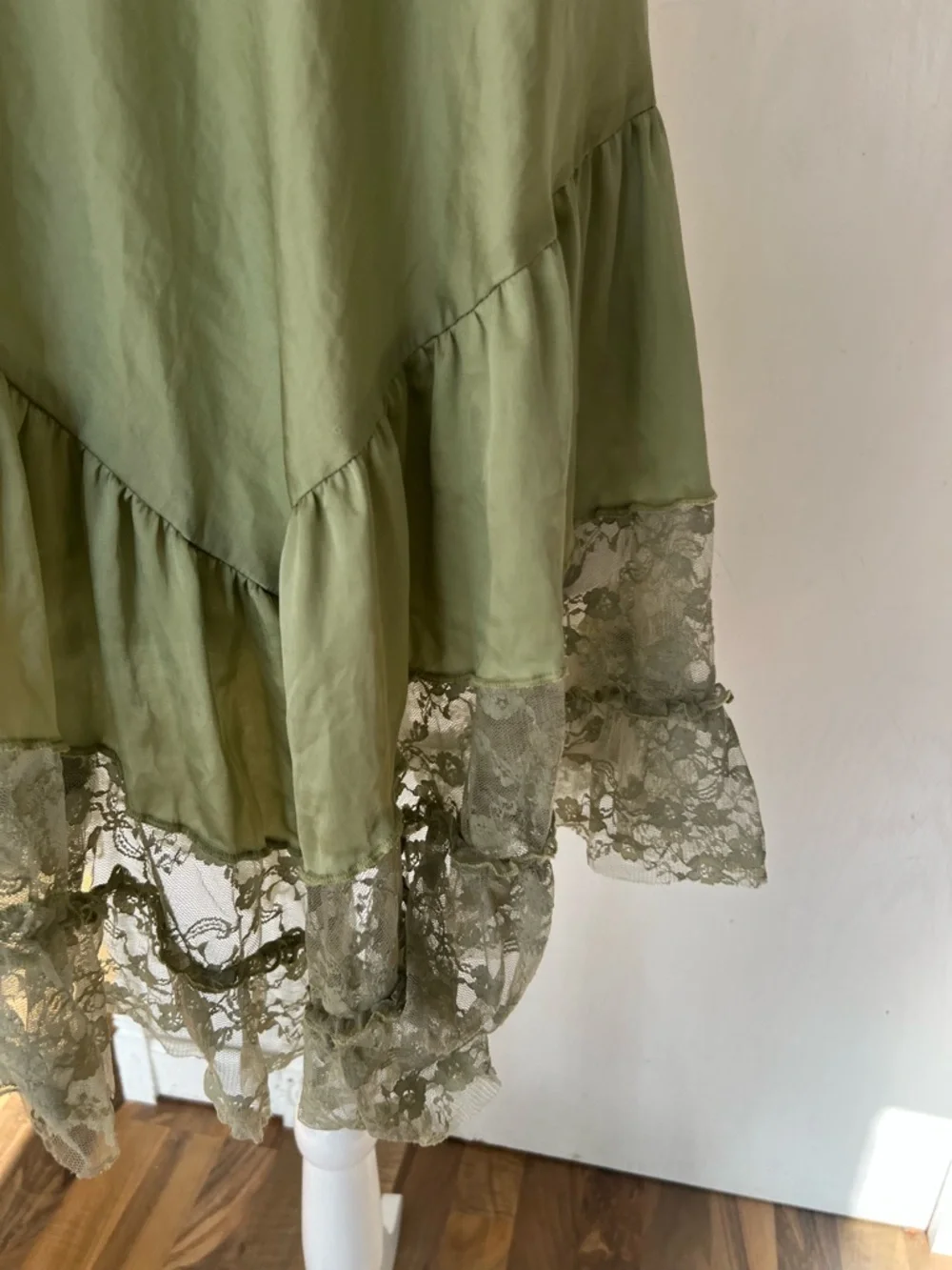 Sage Olive Green Lace-Hem V Drop Waist Mini Dress - Picture 2 of 13